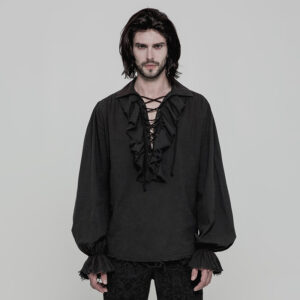 Drawstring Steampunk Long Sleeve Shirt - Black