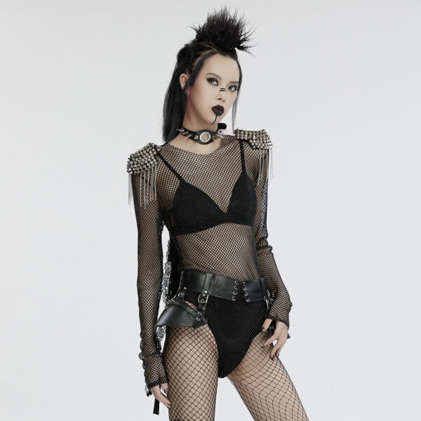 Rhinestone Mesh Punk Bodysuit - Image 3