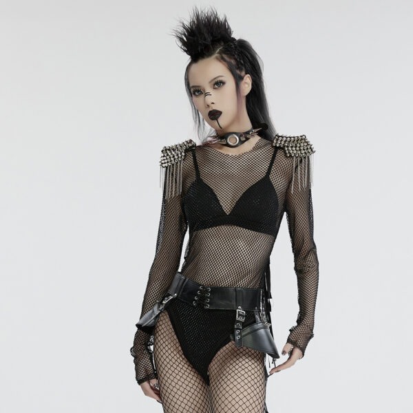 Rhinestone Mesh Punk Bodysuit - Image 4