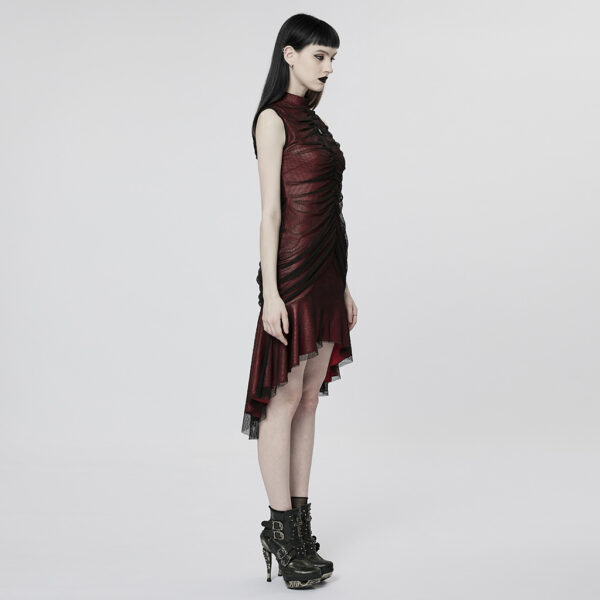 Gothic Mesh Ruffle Slim Red Dress - Image 2