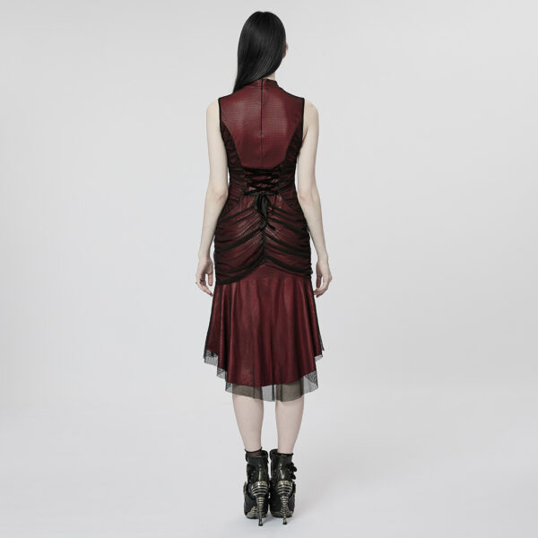 Gothic Mesh Ruffle Slim Red Dress - Image 3