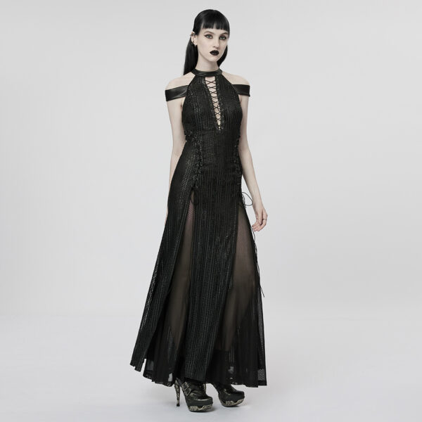 Halter Deep V-Neck High Slit Chiffon Goth Dress - Image 2