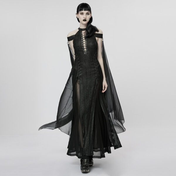 Halter Deep V-Neck High Slit Chiffon Goth Dress - Image 4