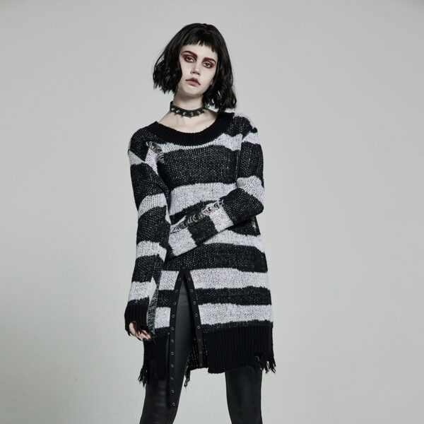 Gothic Black-White Striped Pullover Sweater