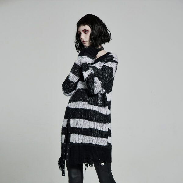 Gothic Black-White Striped Pullover Sweater - Image 2