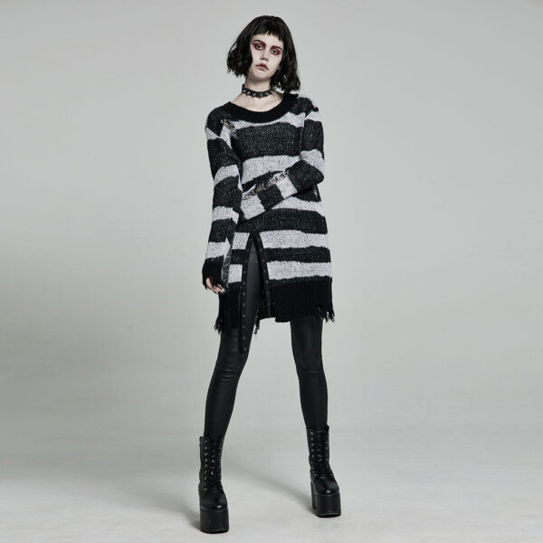 Gothic Black-White Striped Pullover Sweater - Image 4