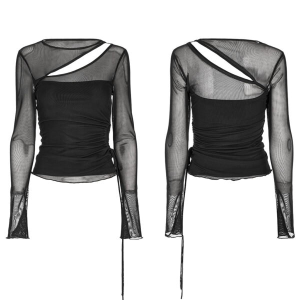 Punk Rave Oblique Slit Fitting Long-Sleeved Mesh T-Shirt - Image 5