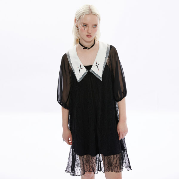 Goth Double-Layered Medium Sleeve Lace Dress - Image 2