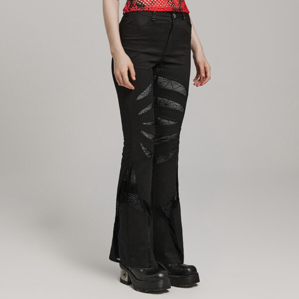 Goth Spider Mesh Flare Black Punk Trousers - Image 2