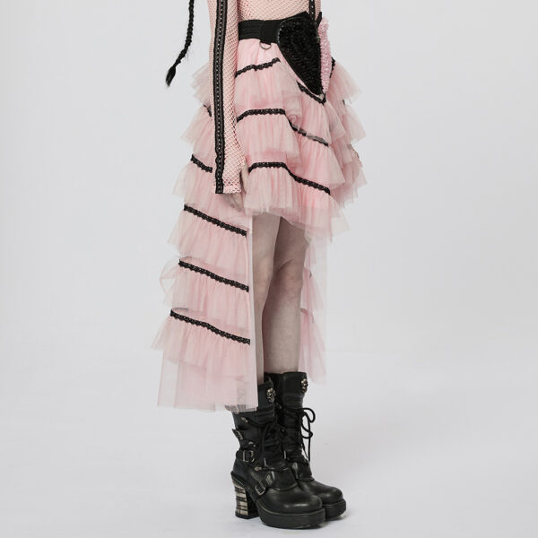 Lolita Pink Ruffed Layered Tulle Splicing Punk Skirt - Image 2