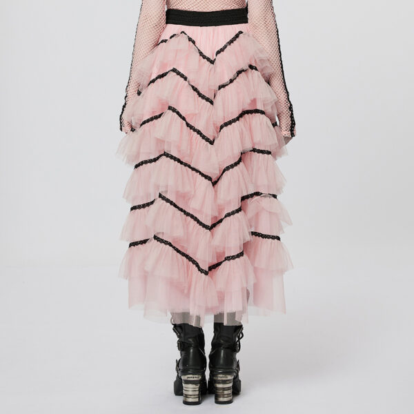 Lolita Pink Ruffed Layered Tulle Splicing Punk Skirt - Image 3