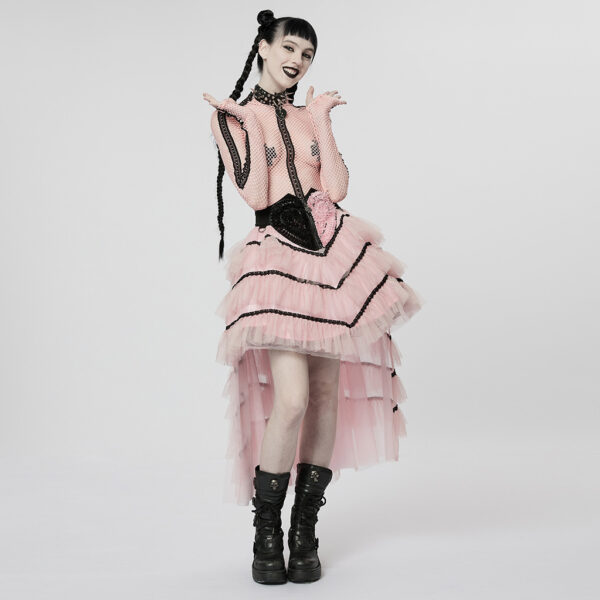 Lolita Pink Ruffed Layered Tulle Splicing Punk Skirt - Image 4