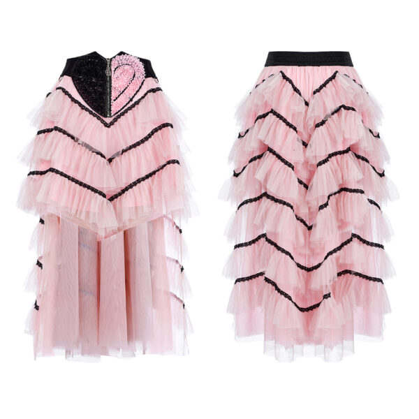 Lolita Pink Ruffed Layered Tulle Splicing Punk Skirt - Image 5