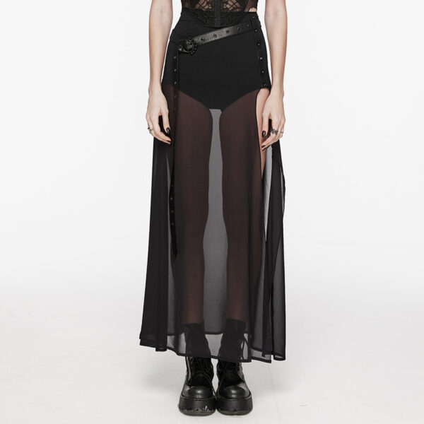 Waist Belt Perspective High Slit A-Line Goth Black Skirt