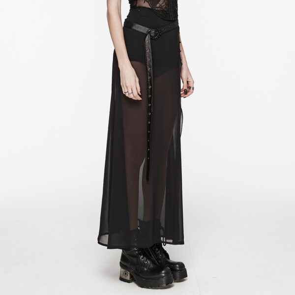 Waist Belt Perspective High Slit A-Line Goth Black Skirt - Image 2