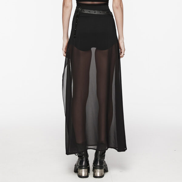 Waist Belt Perspective High Slit A-Line Goth Black Skirt - Image 3