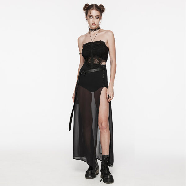 Waist Belt Perspective High Slit A-Line Goth Black Skirt - Image 4