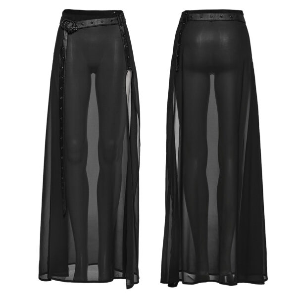 Waist Belt Perspective High Slit A-Line Goth Black Skirt - Image 5