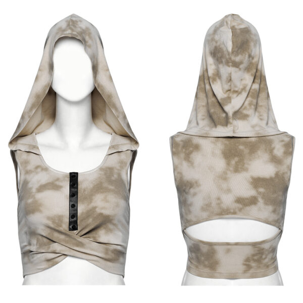 Cross Pleated Design Stretch Knit Fabric Hooded Short Vest - Camo - Image 5