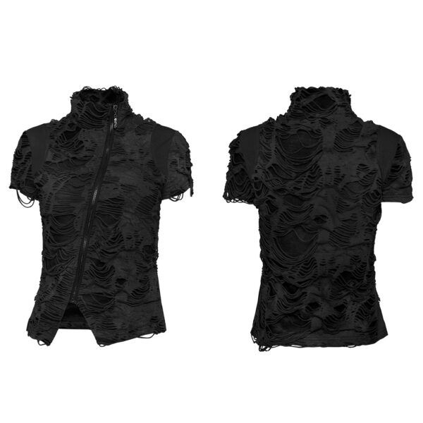 Punk Cross-Cut Design Decayed Style Black T-Shirt - Image 5