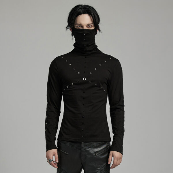 Spikes And Eyelet Webbing Punk High Collar T-Shirt