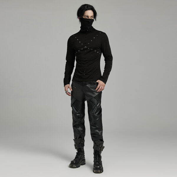 Spikes And Eyelet Webbing Punk High Collar T-Shirt - Image 4