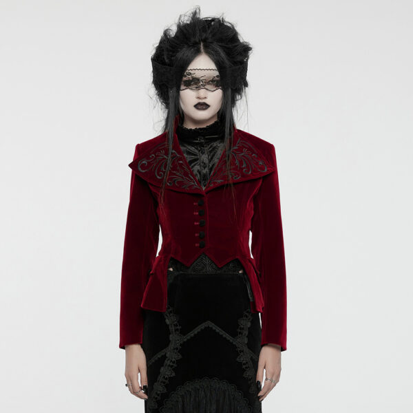 Drawstring Velvety Embroidered Gothic Red Coat