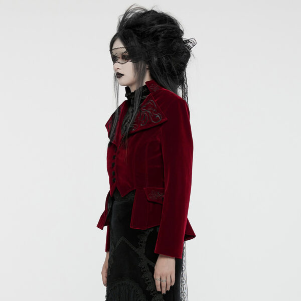 Drawstring Velvety Embroidered Gothic Red Coat - Image 2