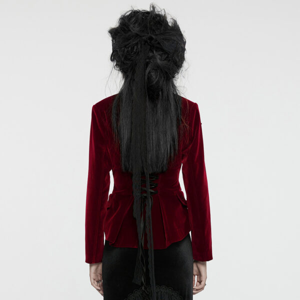 Drawstring Velvety Embroidered Gothic Red Coat - Image 3