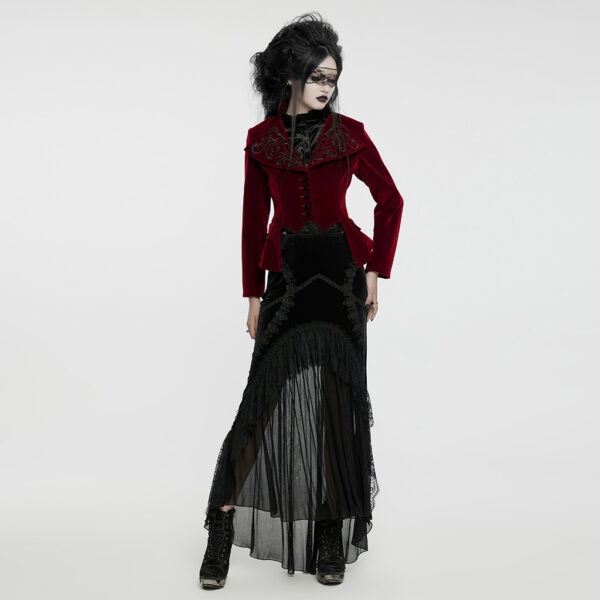 Drawstring Velvety Embroidered Gothic Red Coat - Image 4