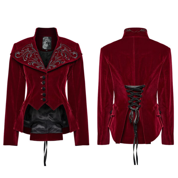 Drawstring Velvety Embroidered Gothic Red Coat - Image 5