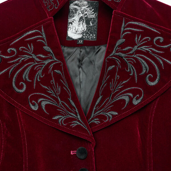 Drawstring Velvety Embroidered Gothic Red Coat - Image 6