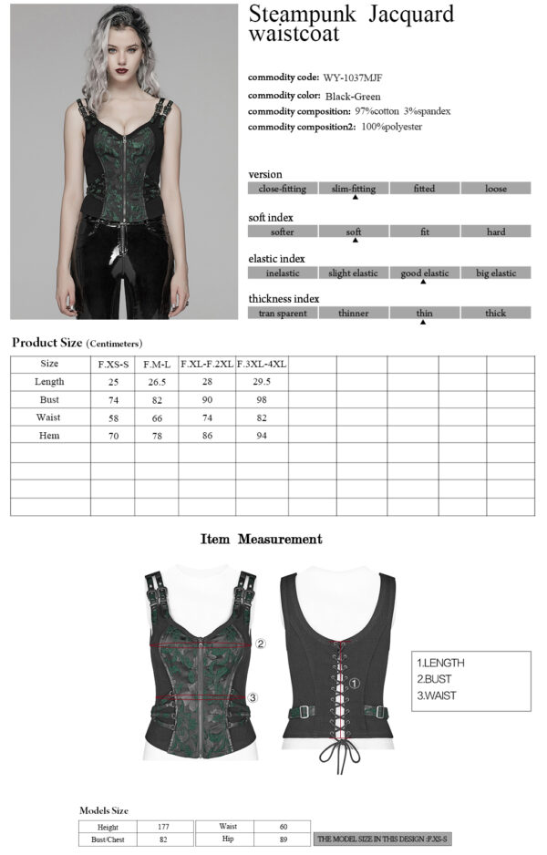 Steampunk Jacquard Waistcoat - Black/Green - Image 10