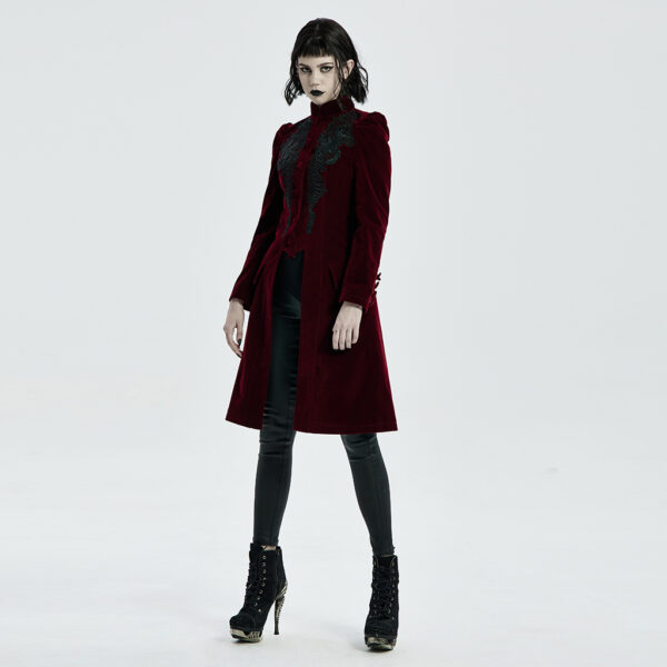 Goth Mid Length Red Velvet Coat - Image 4