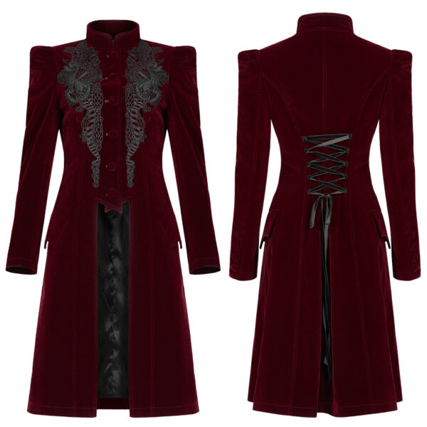 Goth Mid Length Red Velvet Coat - Image 5