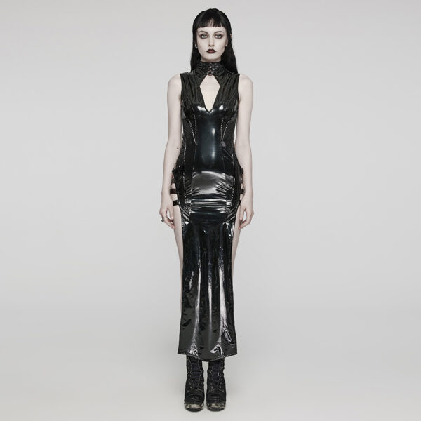 PUNK RAVE Thick Metal Zipper Glossy Elastic Punk Slit Dress - Black