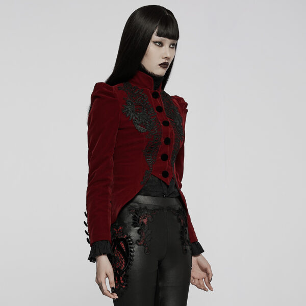 Punk Rave Exquisite Gothic Lace Decoration Red Velvet Jacket - Image 2