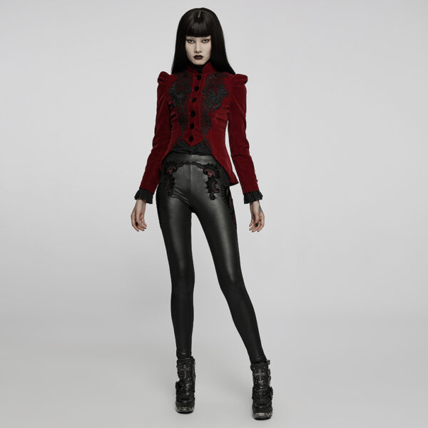 Punk Rave Exquisite Gothic Lace Decoration Red Velvet Jacket - Image 4