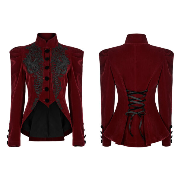 Punk Rave Exquisite Gothic Lace Decoration Red Velvet Jacket - Image 5