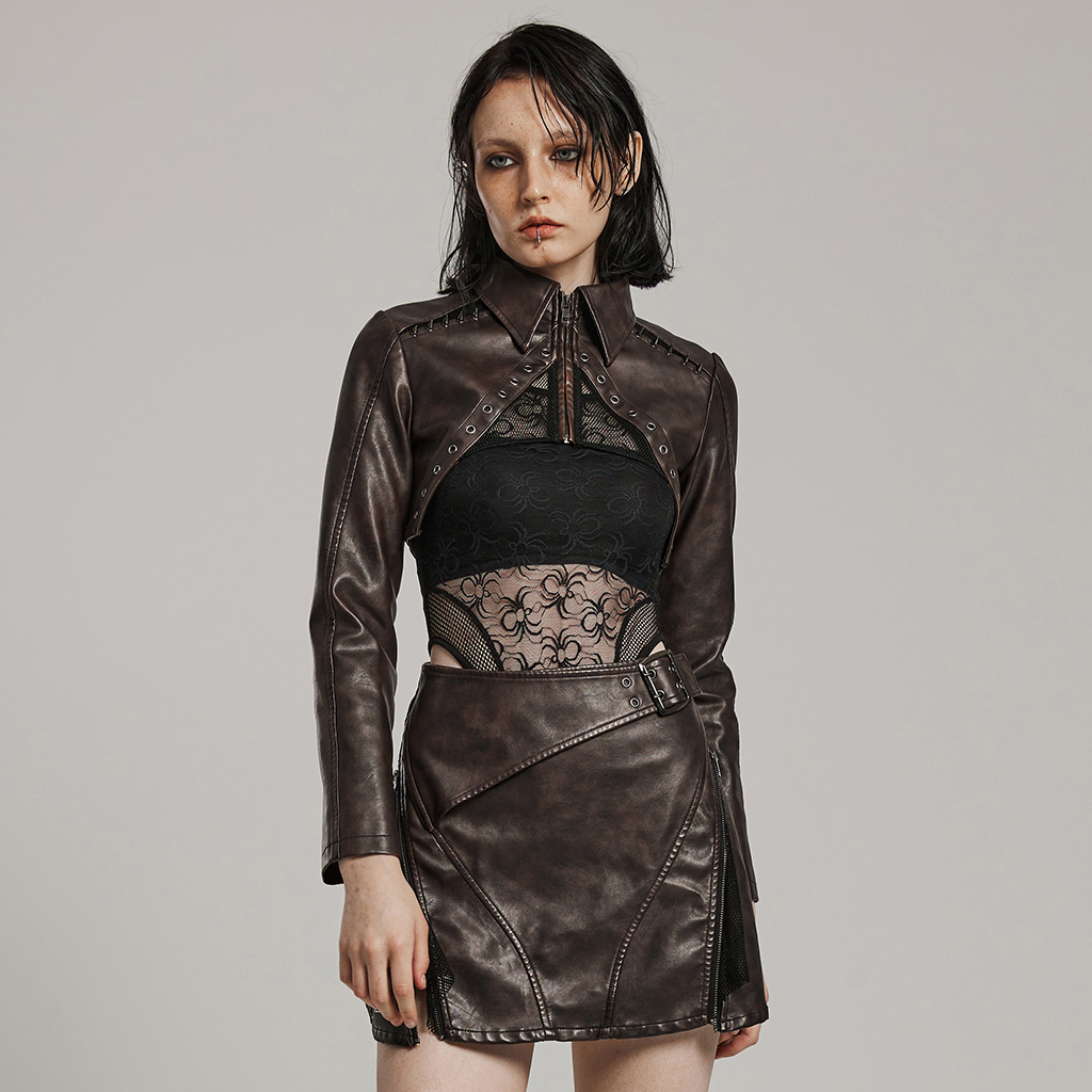 Punk Rave Artificial Leather And Mesh Fabric Punk Short Jacket Coffee 