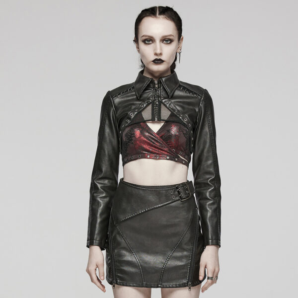 Punk Rave Artificial Leather And Mesh Fabric Punk Short Jacket - Black