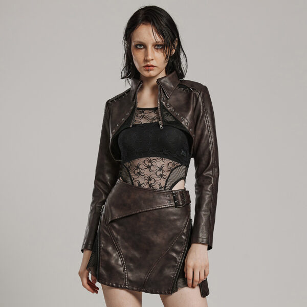 Punk Rave Artificial Leather And Mesh Fabric Punk Short Jacket - Coffee - Image 2