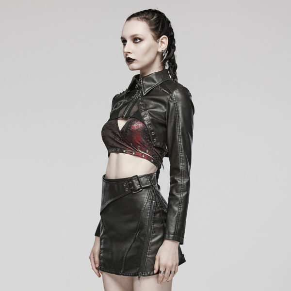 Punk Rave Artificial Leather And Mesh Fabric Punk Short Jacket - Black - Image 2