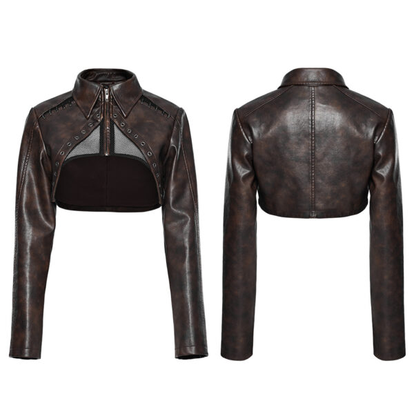 Punk Rave Artificial Leather And Mesh Fabric Punk Short Jacket - Coffee - Image 5