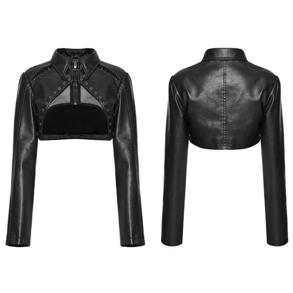 Punk Rave Artificial Leather And Mesh Fabric Punk Short Jacket - Black - Image 5