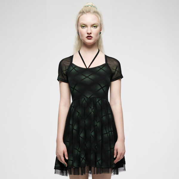 Dark Plaid Gauze Spliced Dress