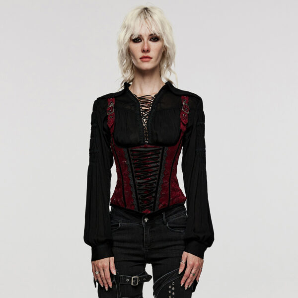 PUNK RAVE Adjustable Shoulder Loop Rose-Patterned Corset - Red