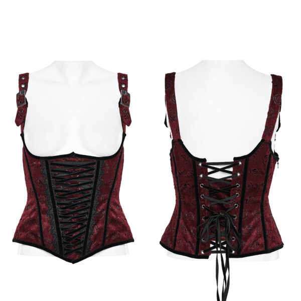 PUNK RAVE Adjustable Shoulder Loop Rose-Patterned Corset - Red - Image 5