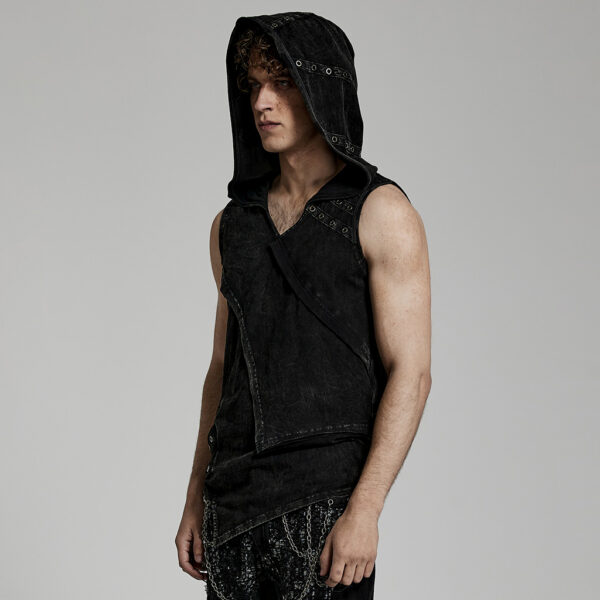 Asymmetrical Double-Layer Washed Out Denim Hooded Punk Vest - Image 2