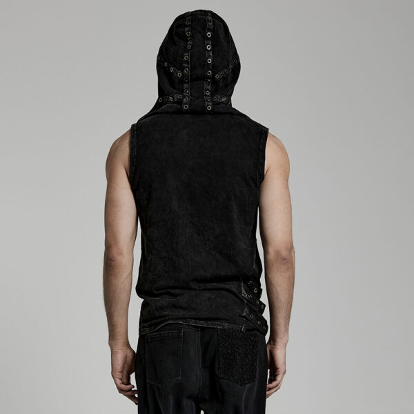 Asymmetrical Double-Layer Washed Out Denim Hooded Punk Vest - Image 3